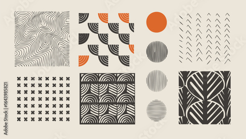 Collection of abstract geometric patterns including lines circles and quarter circles in various arrangements