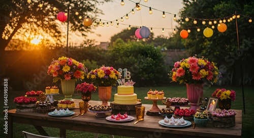 Wallpaper Mural Festive wooden table overflows with desserts, flowers, and decor under glowing lights for event branding, party posters, and celebrations. Torontodigital.ca