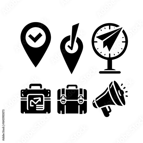 Assortment of icons featuring location pins, briefcases, a paper plane, and a megaphone isolated on white background