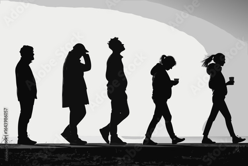 Silhouetted Strides: A dramatic monochromatic shot capturing the silhouetted figures of individuals in motion, walking in various postures and directions.