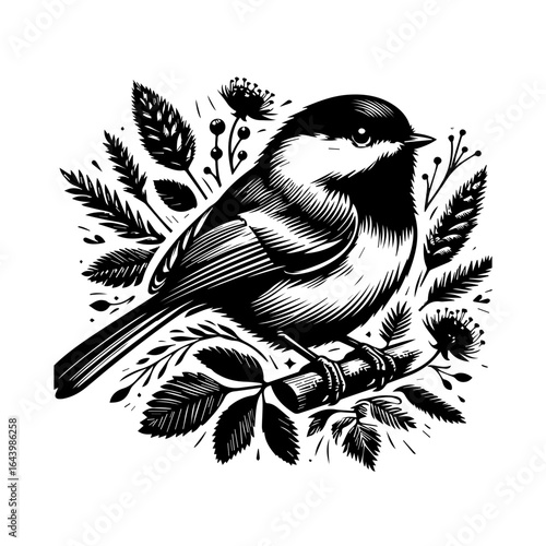 Black and white chickadee perched on a branch isolated on white background