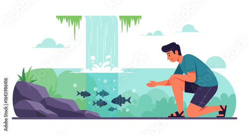 A beautiful illustration depicts a man interacting with fish in a natural environment near a waterfall showing tranquility