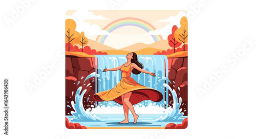 A Beautiful woman in nature near a waterfall expressing freedom and happiness with a rainbow in the background