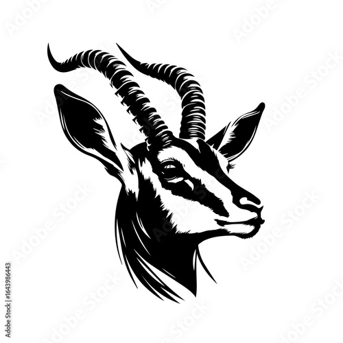 A black and white illustration of a springbok head isolated on white background