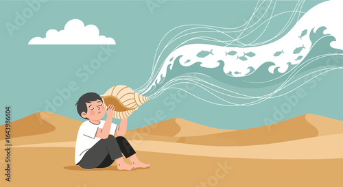 A boy listening to the sound of the sea in a conch shell amidst a desert landscape evoking imagination and longing for the ocean