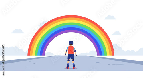 A boy on roller skates faces a colorful rainbow across a road on a bright day