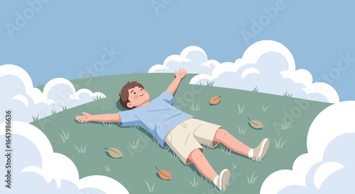 A boy lying on a grassy hill looking up at the sky surrounded by clouds peaceful scene