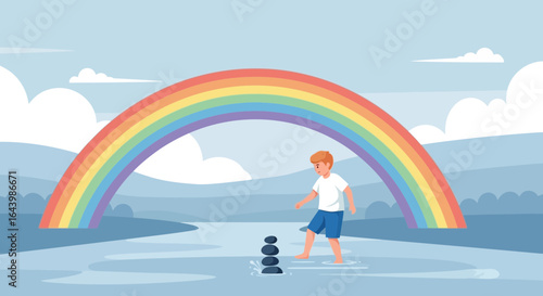 A boy walks through a river with a rainbow in the background creating a serene idyllic scene