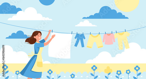 A woman hanging clothes on a clothesline outdoors with a vibrant illustration style bringing freshness to the task of laundry