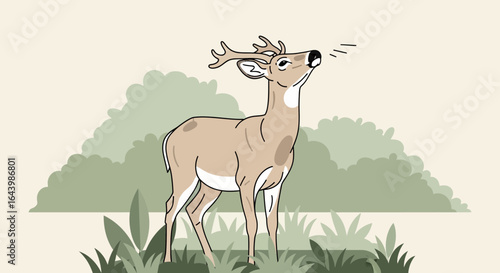 A majestic deer stands tall in a stylized natural landscape illustration