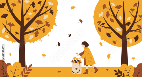A captivating autumn scene: a girl collecting fallen ginkgo leaves in a serene park environment with trees in the background