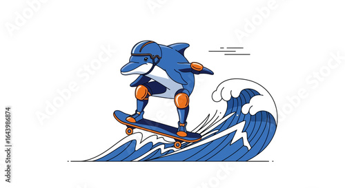 A captivating illustration featuring a blue dolphin skillfully riding a skateboard over a blue wave