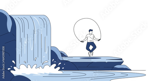 A man jumps rope near a waterfall in a peaceful scene promoting wellness concept