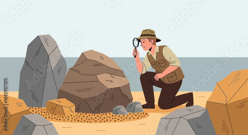 A man examines rocks with a magnifying glass in a natural outdoor setting illustration