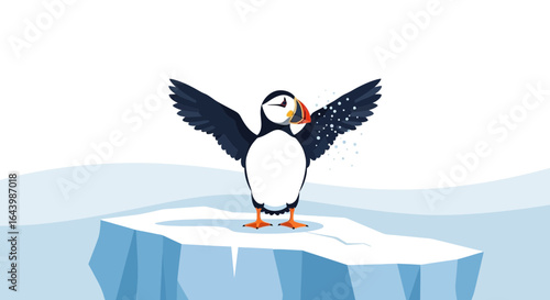 A captivating illustration of an Atlantic puffin standing on an iceberg with wings outstretched
