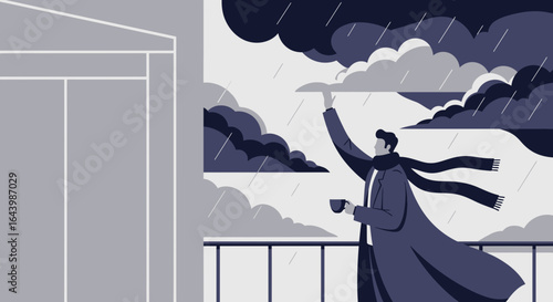 A man holding a cup of coffee while touching a cloud in the rain weather concept flat vector illustration isolated on rainy outdoor background