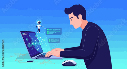 A man interacts with a virtual assistant while coding complex data structures on a laptop
