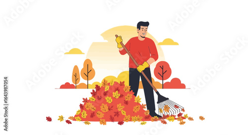 A Man Raking Autumn Leaves Illustration Demonstrates Seasonal Yard Work and Preparation for Winter