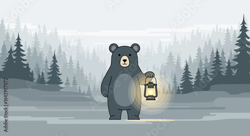 A Cartoon Bear with a Lantern in a Misty Forest Illustration for Children Books