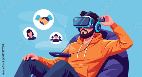 A man wearing a VR headset participates in online meetings and virtual collaborations at home using technology for business interaction
