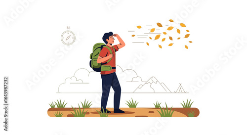 Adventurous journey: Man with backpack looking towards mountains on windy day