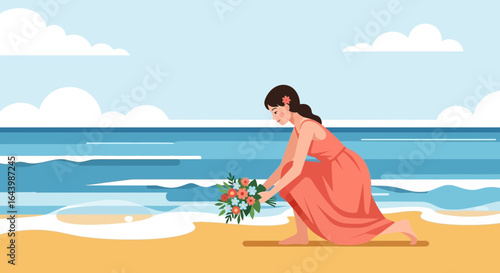 A woman in a dress laying flowers on the beach in a serene and calming scene featuring ocean waves and blue skies creating a peaceful atmosphere