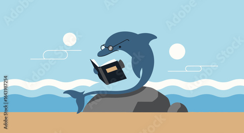A cartoon dolphin with glasses reading a book on a rock by the ocean illustration