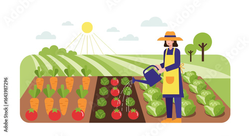 A woman in a straw hat waters vegetables in her organic vegetable garden on a sunny day