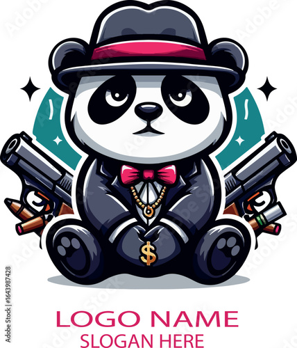 Gangster Panda Bear Cartoon, logo icon vector white background .