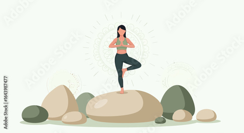A woman practices tree pose yoga on rocks in a serene outdoor setting illustration
