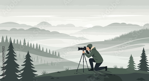 A photographer captures a landscape on a misty morning with serene beauty and peaceful ambiance in the mountains