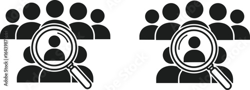 Recruitment concept, candidate search, magnifying glass, human resources, silhouette people, job selection, talent identification, HR icon, team screening