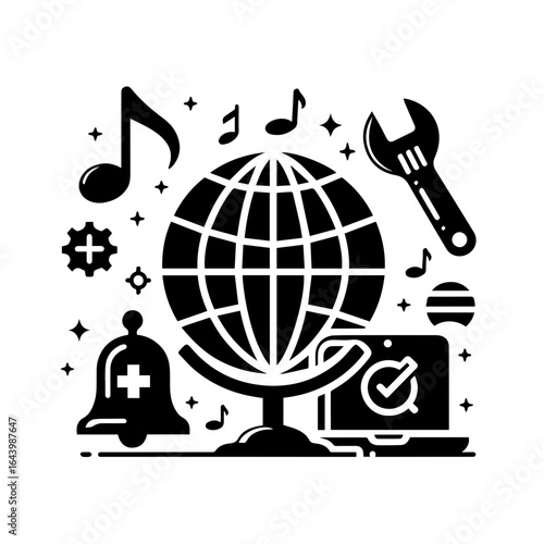 Illustration of a globe surrounded by technology icons isolated on white background