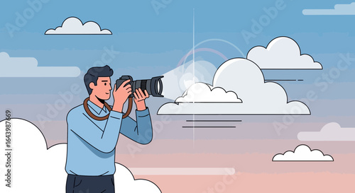 A photographer captures stunning cloudscapes with a digital slr camera outdoors on a beautiful bright day capturing photography in its essence