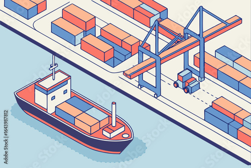 Overhead perspective of a large seaport with docked cargo ships, cranes, and containers stacked in colorful rows, modern flat illustration style.