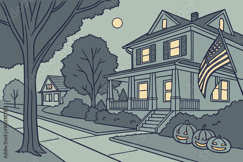 Neighborhood streets adorned with American flags and jack-o'-lanterns for Halloween night festivities.