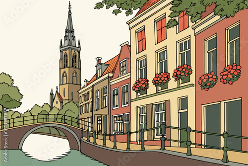 Observe the still waters of Delft in the Netherlands with reflections of old churches and blooming window boxes in modern flat illustration style.