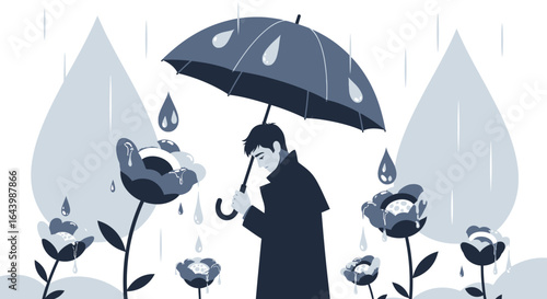 A poignant scene of a solitary man braving the rain among blooming flowers portraying mood