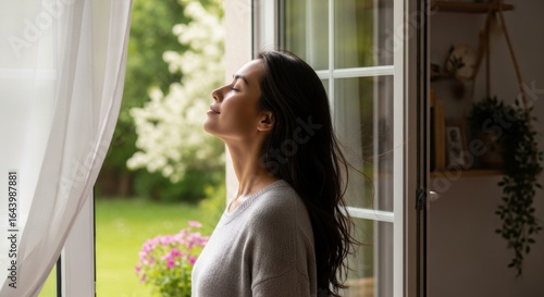 Woman enjoying fresh air near open window in a sunlit room Free Download Woman enjoying fresh air near open window in a sunlit room - GFXLoad
