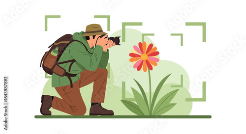 A photographer taking a photo of a flower in nature during an outdoor excursion with professional gear and natural light capturing beautiful colors