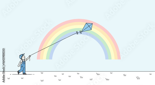 A young boy flies a kite under a vibrant rainbow, creating a whimsical and carefree scene for children
