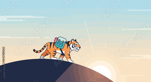 A cartoon tiger with a backpack walking towards a bright sunrise on a mountain