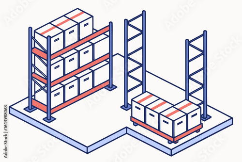 Pallet racks with color-coded labels and zone markings for optimized picking, representing organized warehouse layout, modern flat illustration style.