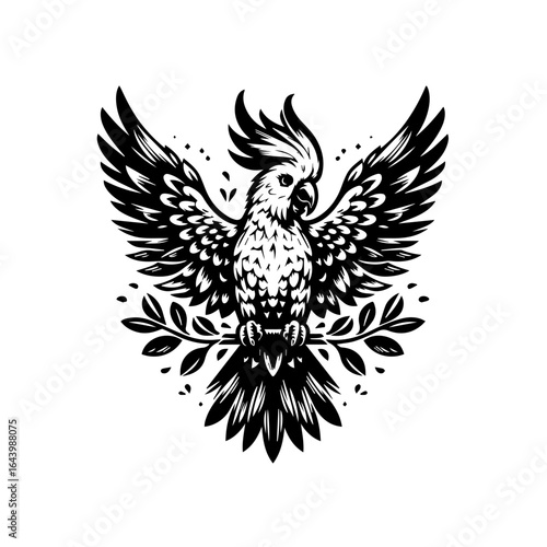 Illustration of a cockatoo with its wings spread isolated on white background