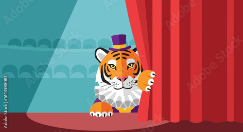 A Cartoon Tiger Magician Peeking from Behind Stage Curtains ready to perform