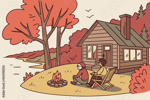 Group of relatives gathered around a cozy bonfire at a lakeside cabin with red and orange trees behind, symbolizing warmth and connection.