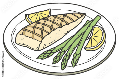 Grilled sea bass fillet with asparagus and lemon wedges on a white plate, representing healthy gourmet seafood, modern flat illustration style.