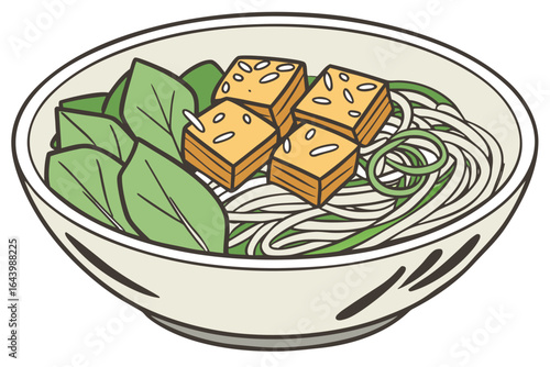 Grilled tofu cubes with soba noodles, bok choy, and sesame dressing, served in a clean, modern bowl, modern flat illustration style.