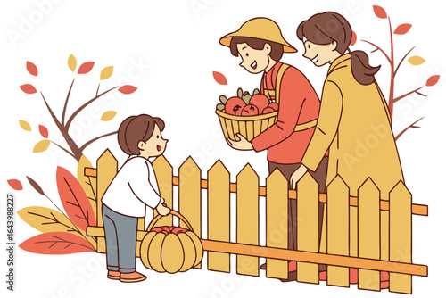 Group of family members posing for a photo near a wooden fence lined with mums and autumn decorations, symbolizing festive outdoor time.