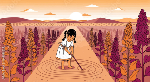 A young girl drawing circles in a field of quinoa plants under a warm sunset light with a serene and peaceful ambiance